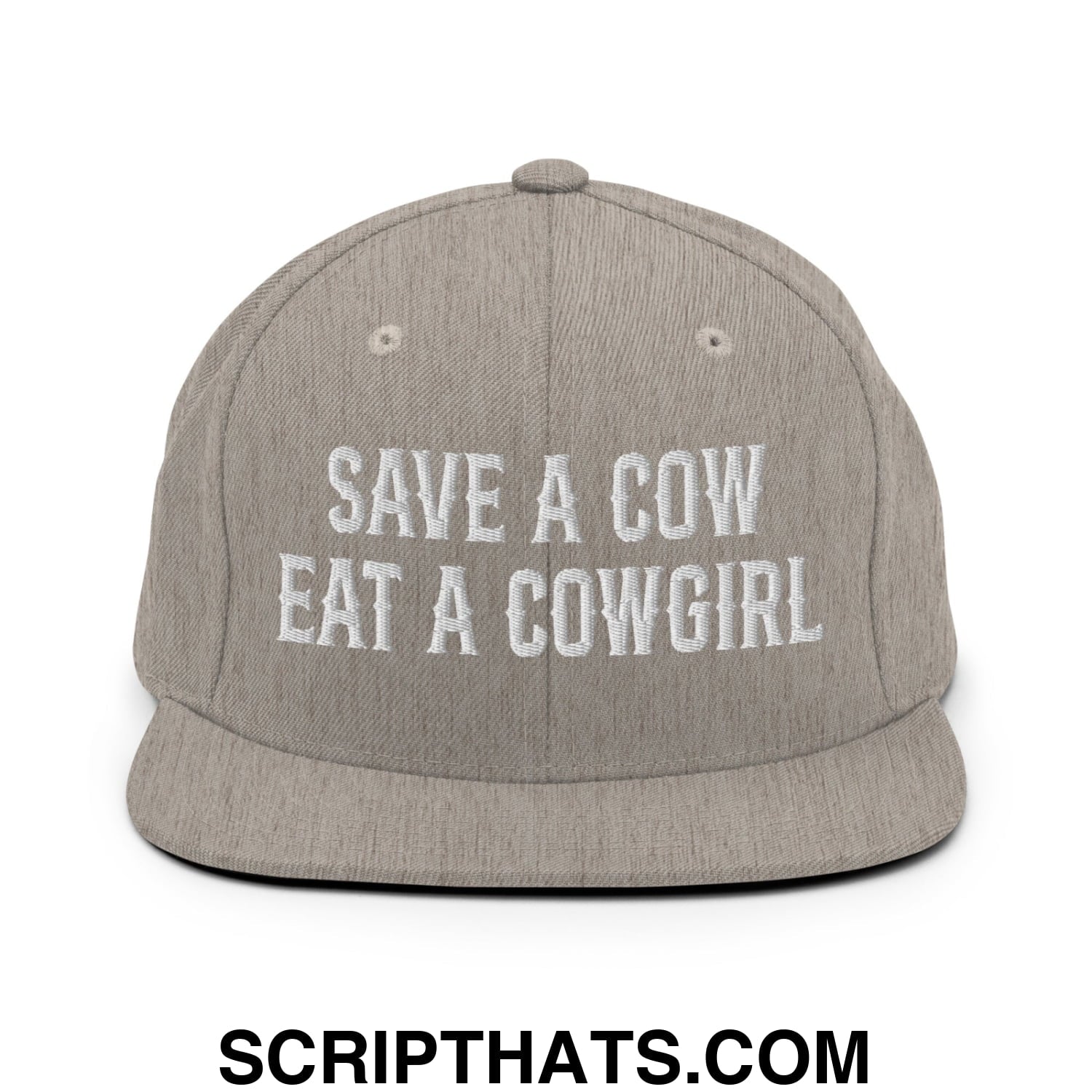 Save a Cow Eat a Cowgirl Embroidered Flat Bill Brim Snapback Hat Heather Grey