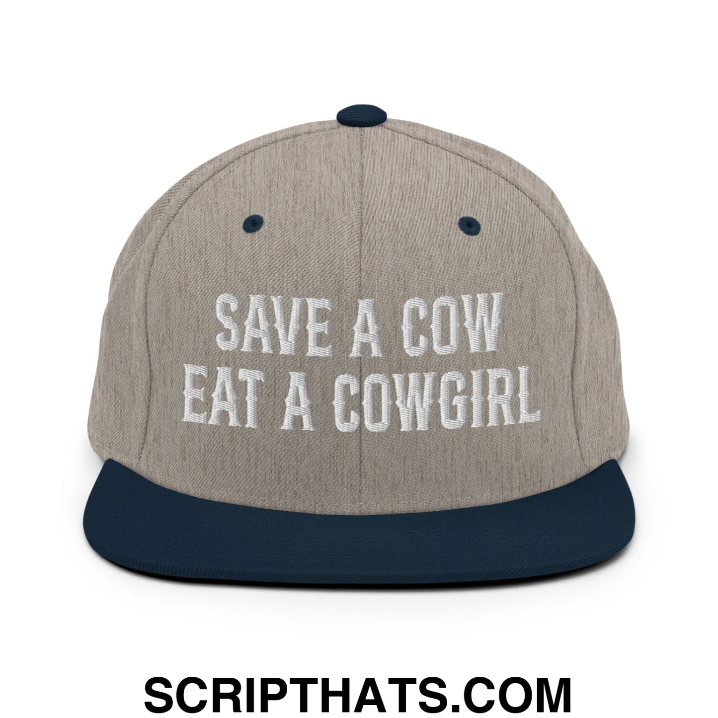 Save a Cow Eat a Cowgirl Embroidered Flat Bill Brim Snapback Hat Heather Grey Navy