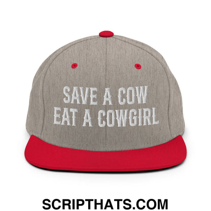 Save a Cow Eat a Cowgirl Embroidered Flat Bill Brim Snapback Hat Heather Grey Red