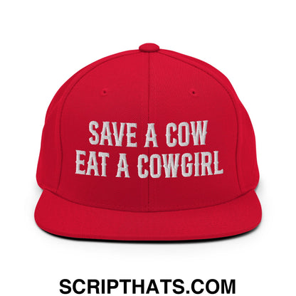 Save a Cow Eat a Cowgirl Embroidered Flat Bill Brim Snapback Hat Red