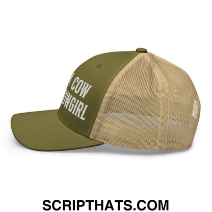 Save a Cow Eat a Cowgirl Embroidered Mesh Trucker Hat Moss Khaki