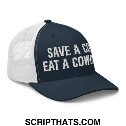Save a Cow Eat a Cowgirl Embroidered Mesh Trucker Hat Navy White
