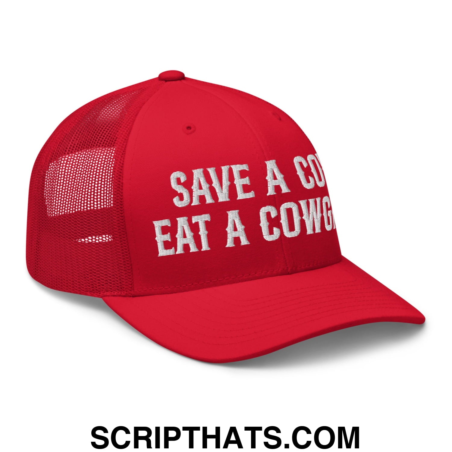 Save a Cow Eat a Cowgirl Embroidered Mesh Trucker Hat Red