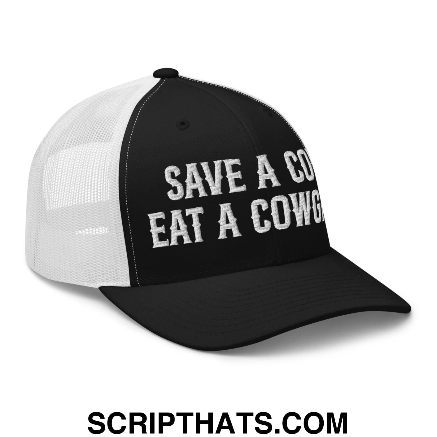 Save a Cow Eat a Cowgirl Embroidered Mesh Trucker Hat Black White