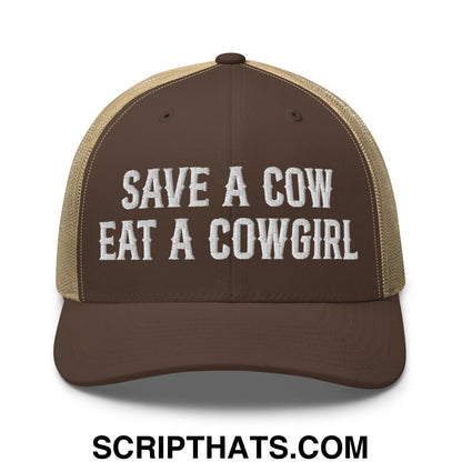 Save a Cow Eat a Cowgirl Embroidered Mesh Trucker Hat Brown Khaki
