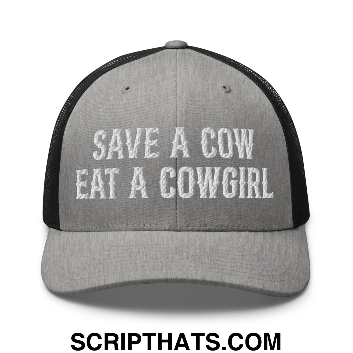 Save a Cow Eat a Cowgirl Embroidered Mesh Trucker Hat Heather Black