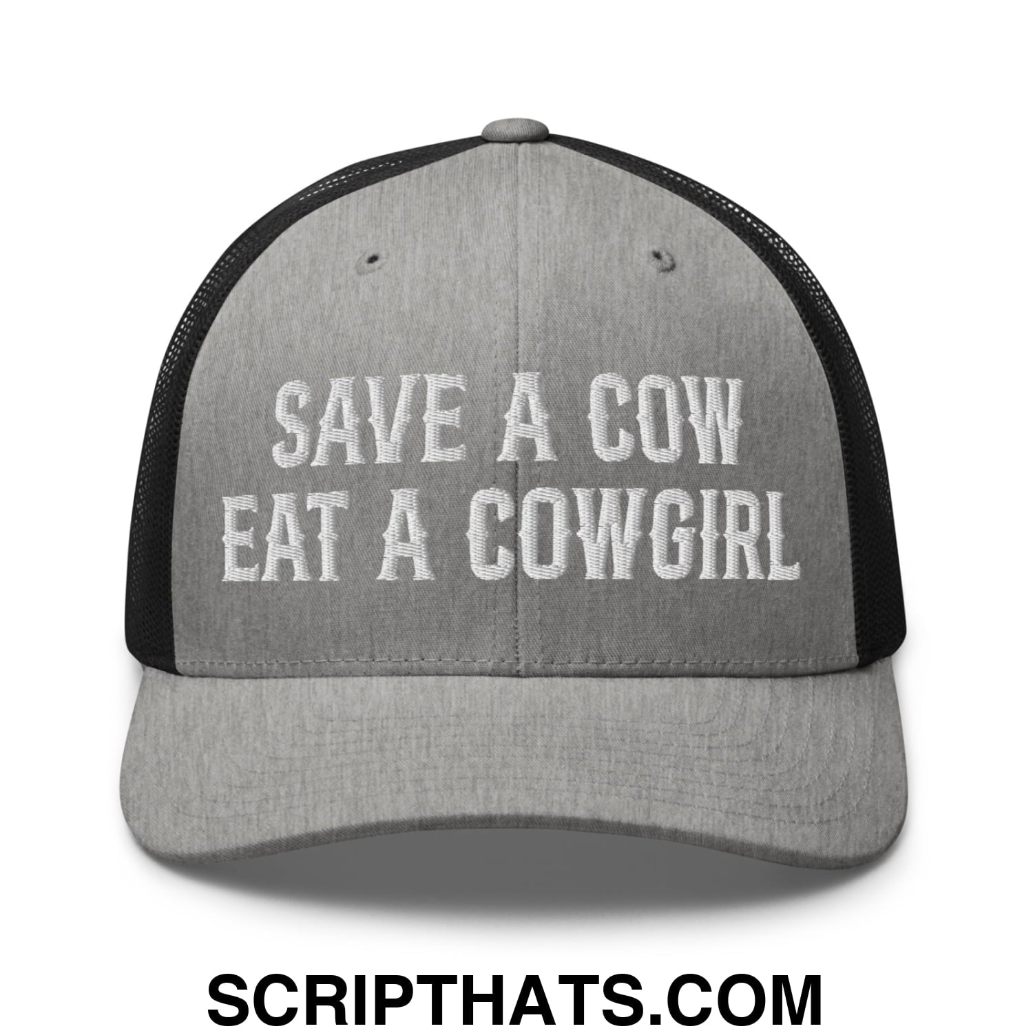 Save a Cow Eat a Cowgirl Embroidered Mesh Trucker Hat Heather Black