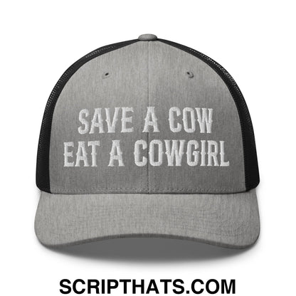 Save a Cow Eat a Cowgirl Embroidered Mesh Trucker Hat Heather Black