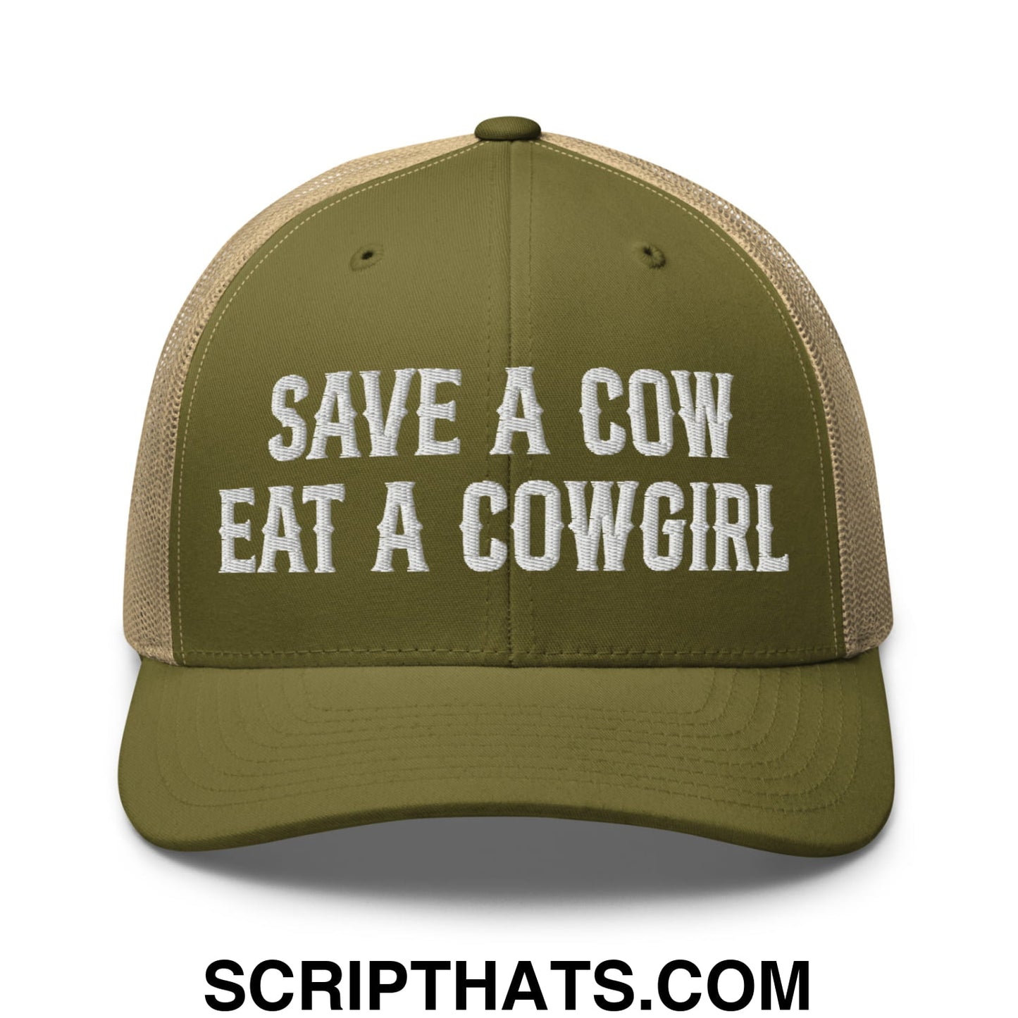 Save a Cow Eat a Cowgirl Embroidered Mesh Trucker Hat Moss Khaki