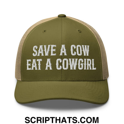 Save a Cow Eat a Cowgirl Embroidered Mesh Trucker Hat Moss Khaki