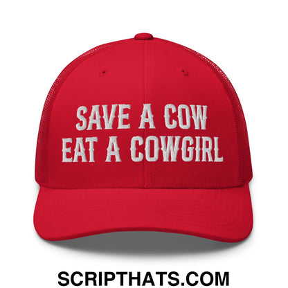 Save a Cow Eat a Cowgirl Embroidered Mesh Trucker Hat Red