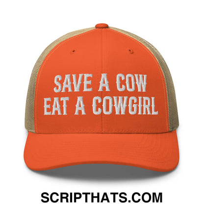 Save a Cow Eat a Cowgirl Embroidered Mesh Trucker Hat Rustic Orange Khaki