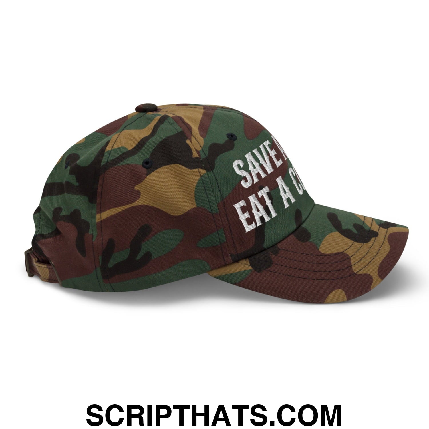 Save a Cow Eat a Cowgirl Embroidered Unstructured Dad Hat Green Camo