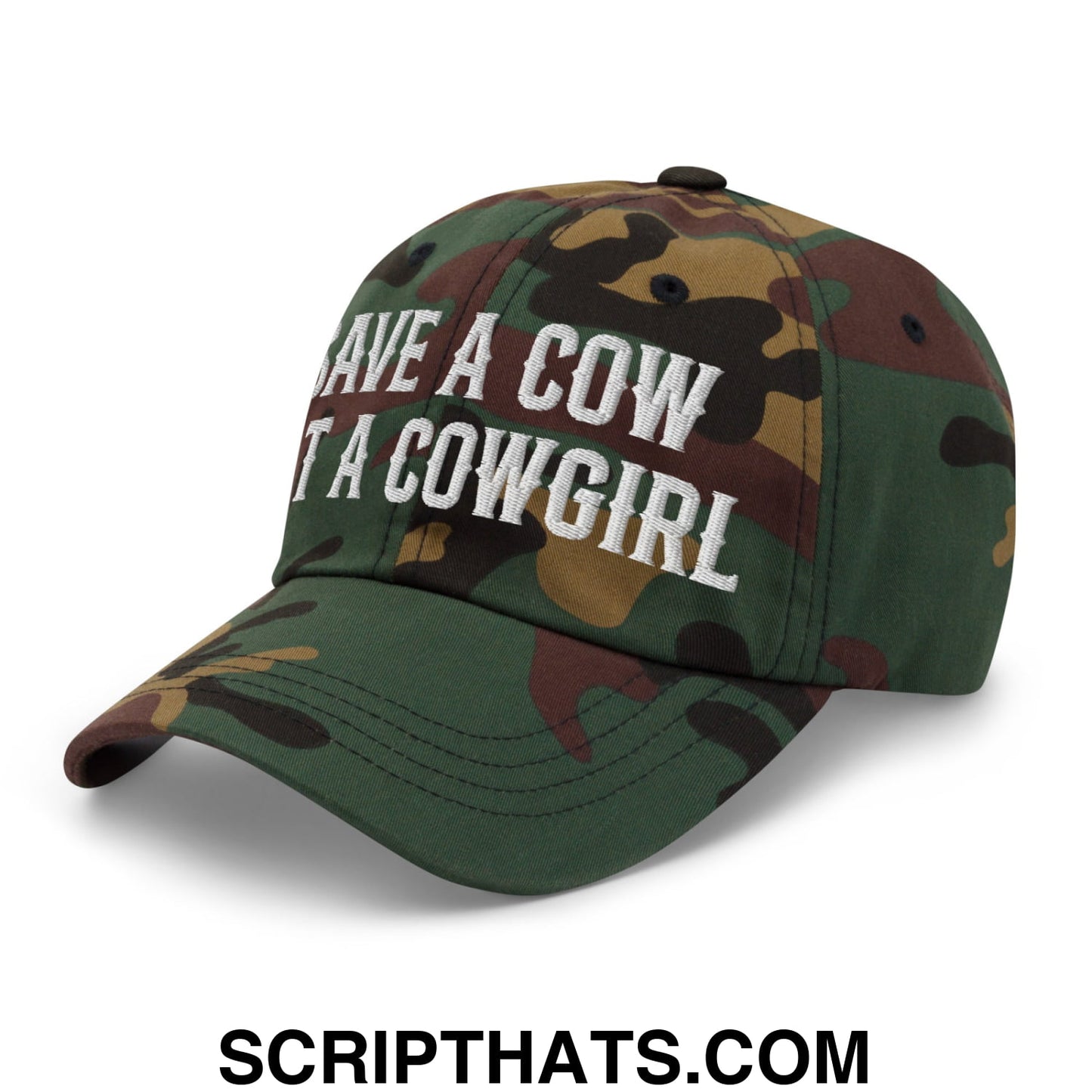 Save a Cow Eat a Cowgirl Embroidered Unstructured Dad Hat Green Camo