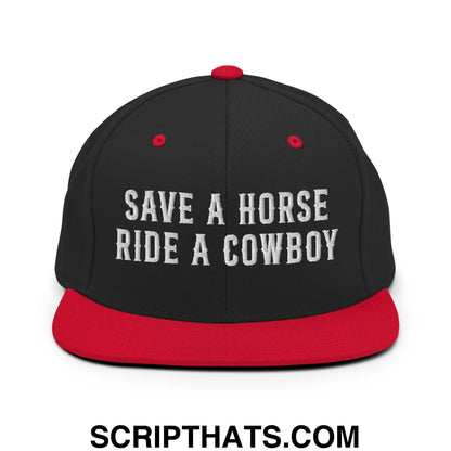 Save a Horse Ride a Cowboy Embroidered Flat Bill Brim Snapback Hat Black Red