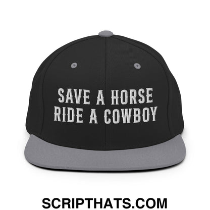 Save a Horse Ride a Cowboy Embroidered Flat Bill Brim Snapback Hat Black Silver