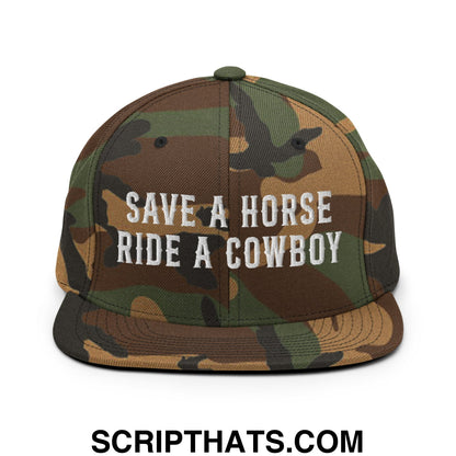 Save a Horse Ride a Cowboy Embroidered Flat Bill Brim Snapback Hat Green Camo