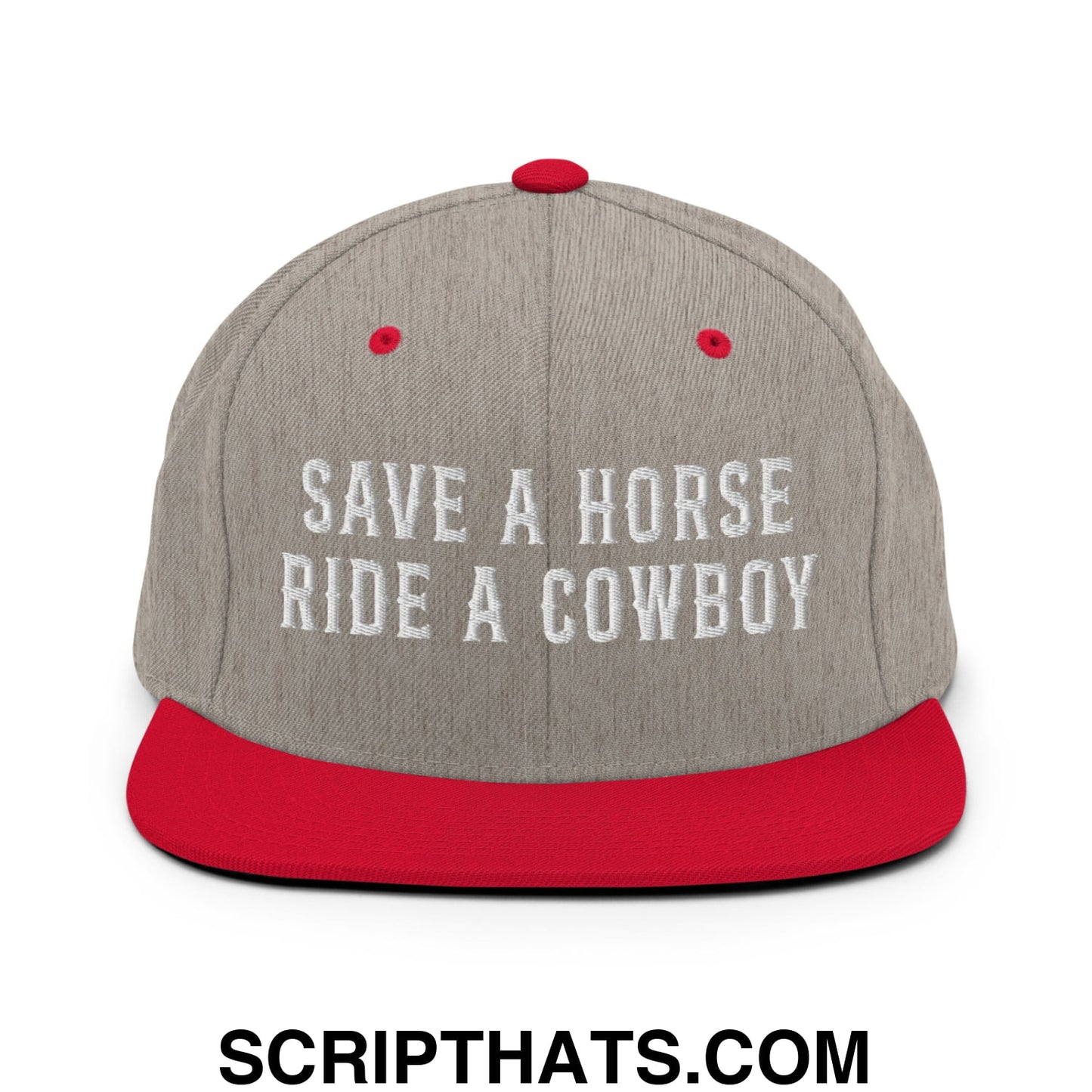 Save a Horse Ride a Cowboy Embroidered Flat Bill Brim Snapback Hat Heather Grey Red