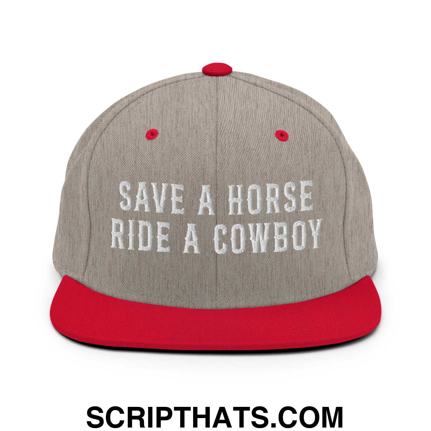 Save a Horse Ride a Cowboy Embroidered Flat Bill Brim Snapback Hat Heather Grey Red