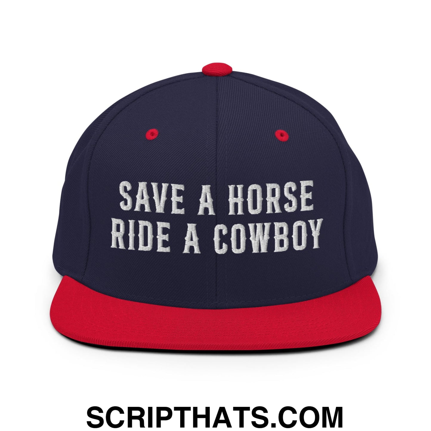 Save a Horse Ride a Cowboy Embroidered Flat Bill Brim Snapback Hat Navy Red