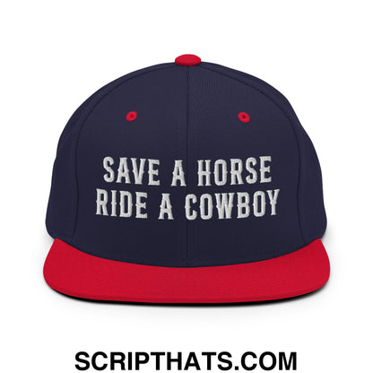 Save a Horse Ride a Cowboy Embroidered Flat Bill Brim Snapback Hat Navy Red