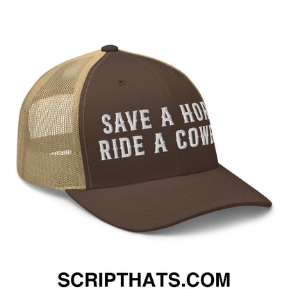 Save a Horse Ride a Cowboy Embroidered Mesh Trucker Hat Brown Khaki