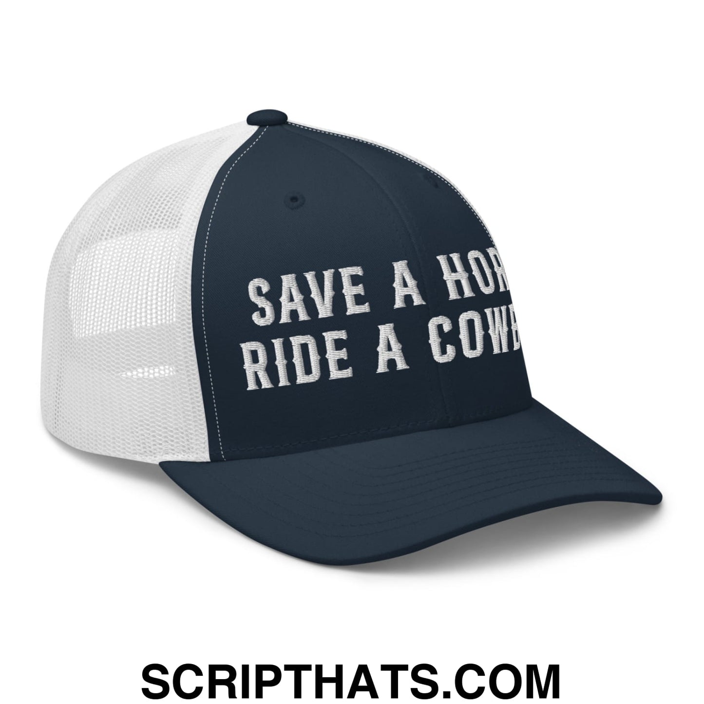 Save a Horse Ride a Cowboy Embroidered Mesh Trucker Hat Navy White
