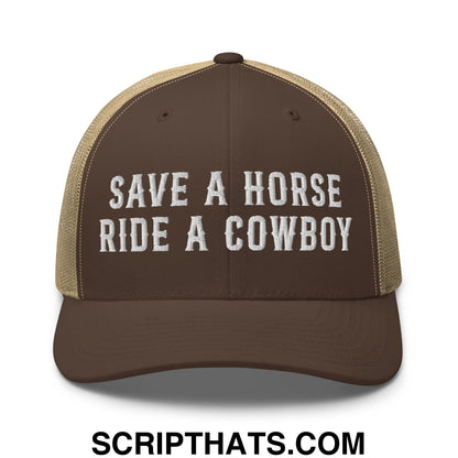 Save a Horse Ride a Cowboy Embroidered Mesh Trucker Hat Brown Khaki