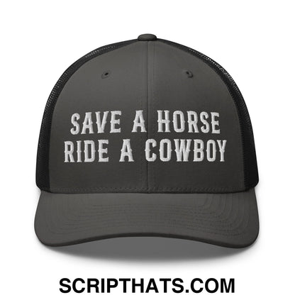 Save a Horse Ride a Cowboy Embroidered Mesh Trucker Hat Charcoal Black