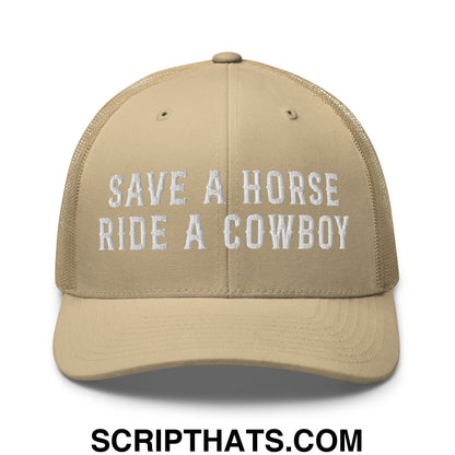 Save a Horse Ride a Cowboy Embroidered Mesh Trucker Hat Khaki