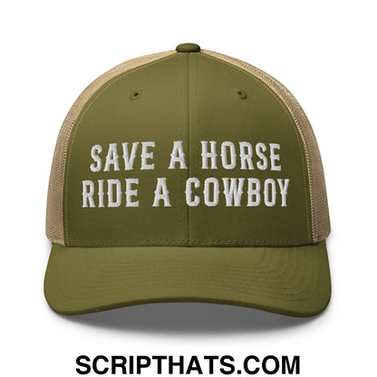 Save a Horse Ride a Cowboy Embroidered Mesh Trucker Hat Moss Khaki
