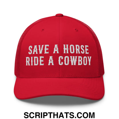 Save a Horse Ride a Cowboy Embroidered Mesh Trucker Hat Red
