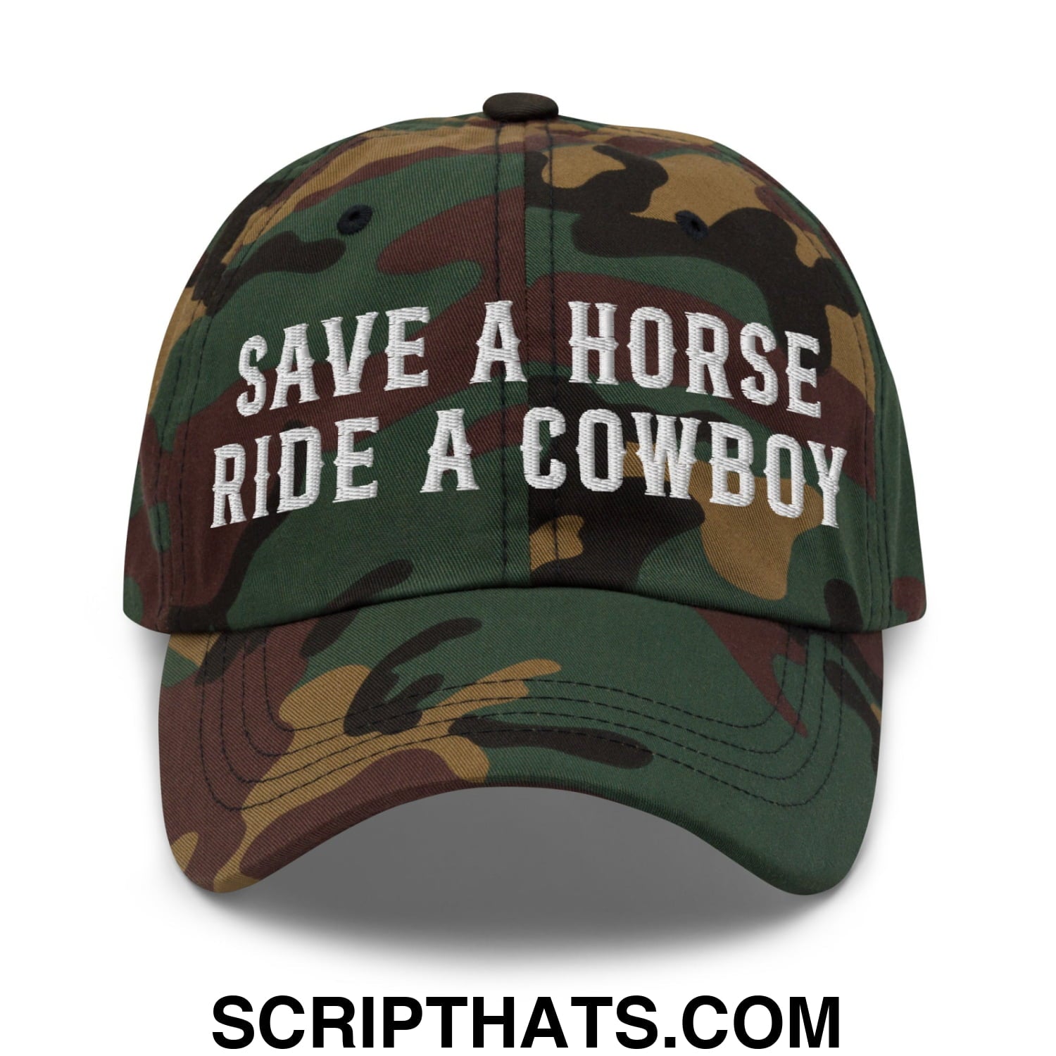 Save a Horse Ride a Cowboy Embroidered Unstructured Dad Hat Green Camo