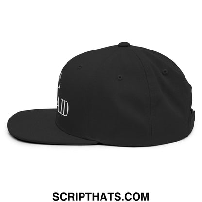 Black save medicaid embroidered flat brim snapback hat with white text on the side