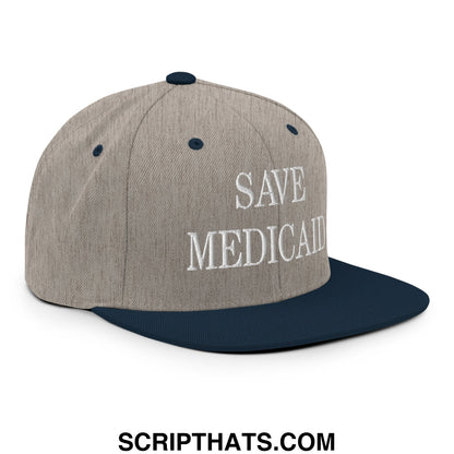 Save Medicaid Embroidered Flat Brim Bill Snapback Hat Heather Grey Navy
