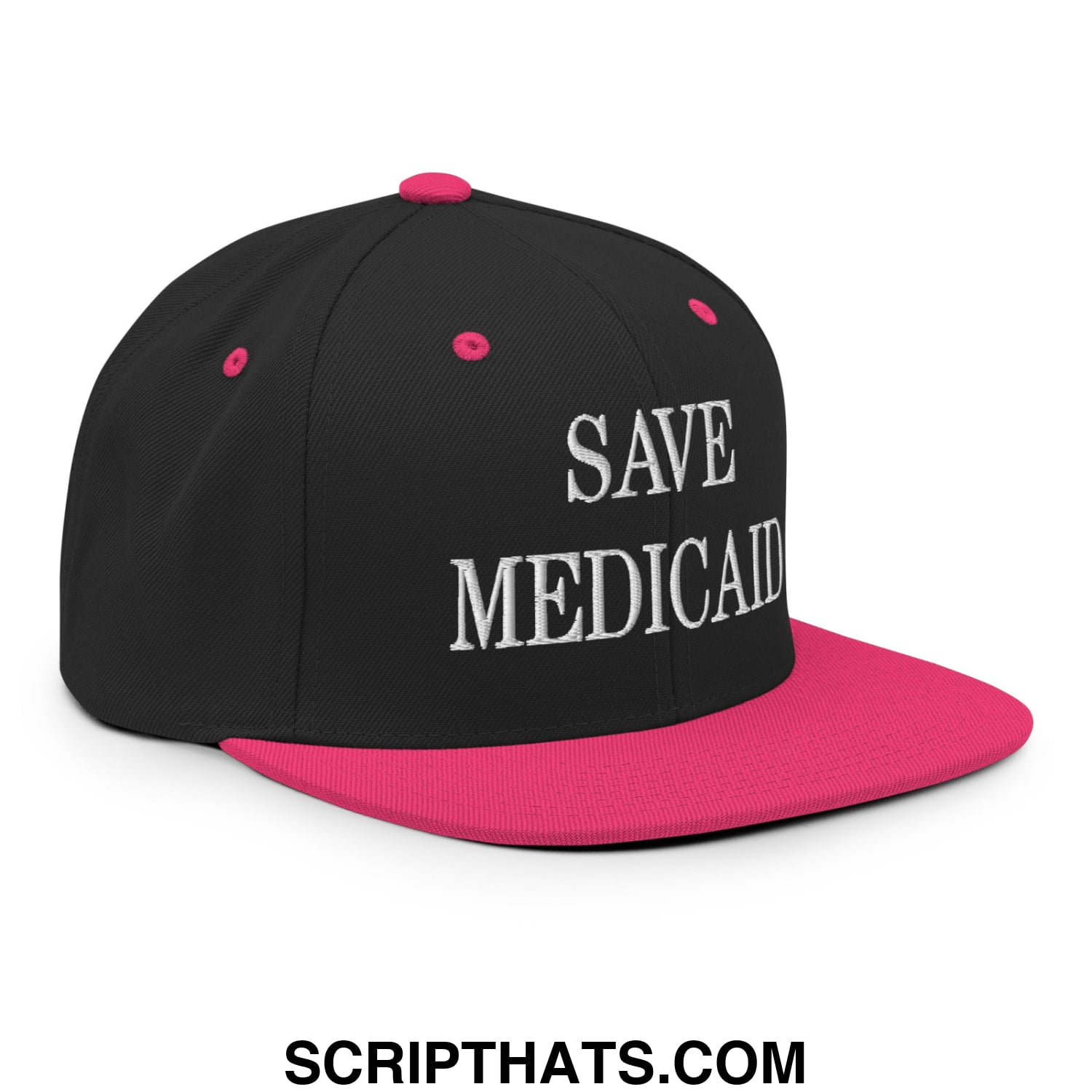 Save Medicaid Embroidered Flat Brim Bill Snapback Hat Black Neon Pink