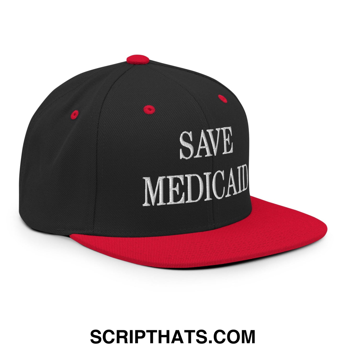 Save Medicaid Embroidered Flat Brim Bill Snapback Hat Black Red