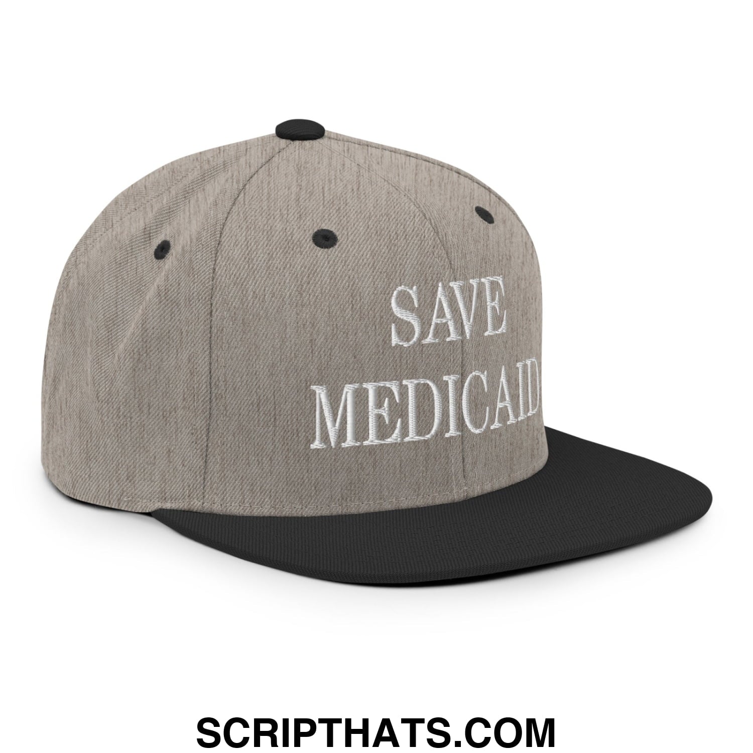 Gray and black snapback hat with save medicaid embroidered in white on the flat brim bill