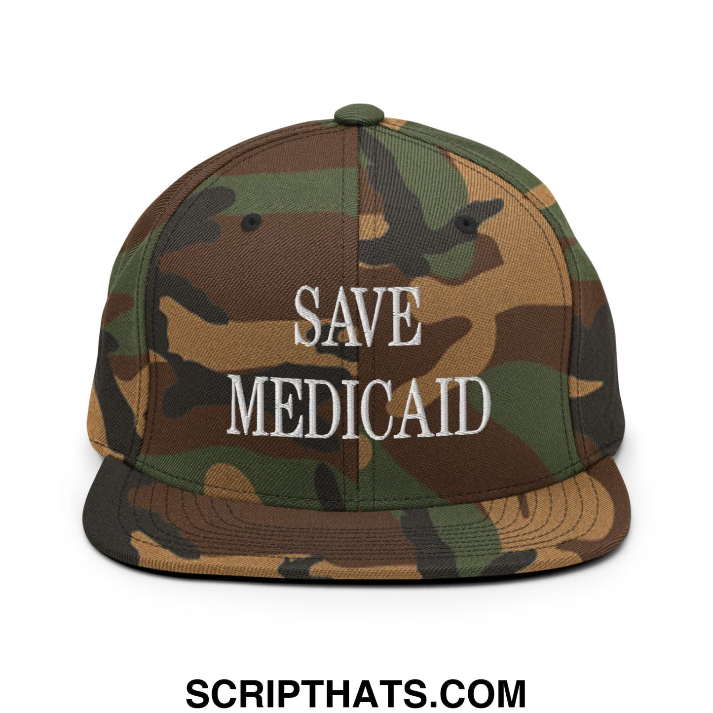 Save Medicaid Embroidered Flat Brim Bill Snapback Hat Green Camo