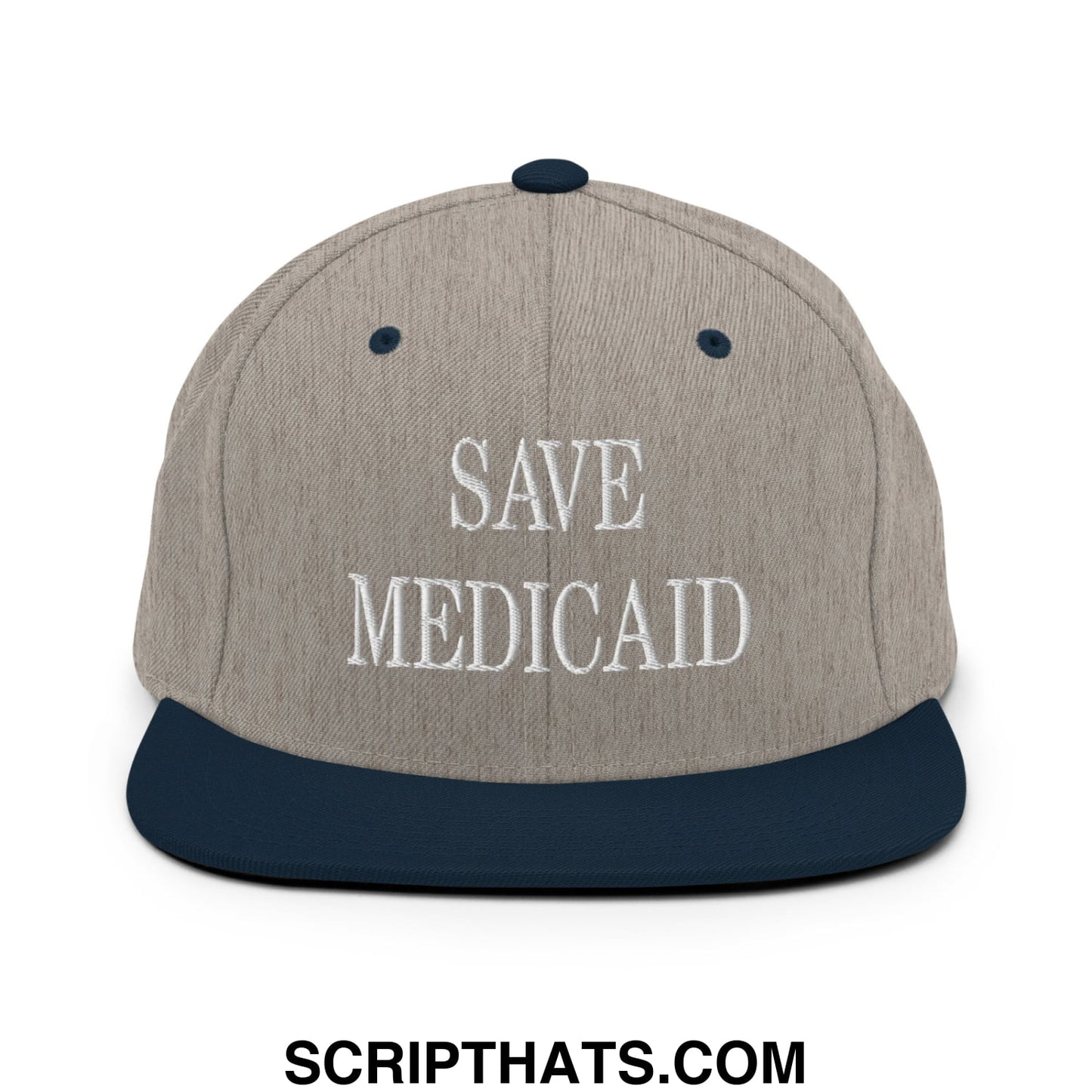 Save Medicaid Embroidered Flat Brim Bill Snapback Hat Heather Grey Navy