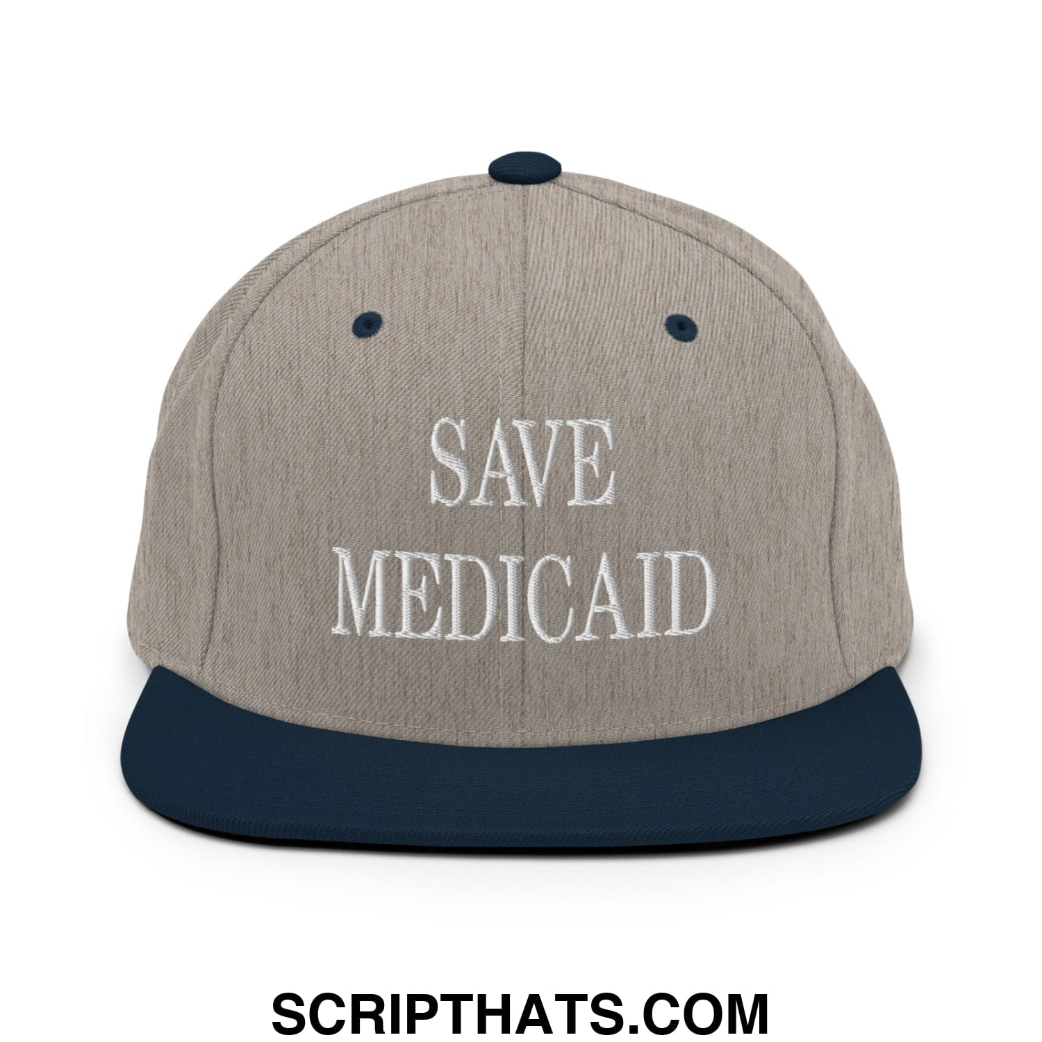 Save Medicaid Embroidered Flat Brim Bill Snapback Hat Heather Grey Navy