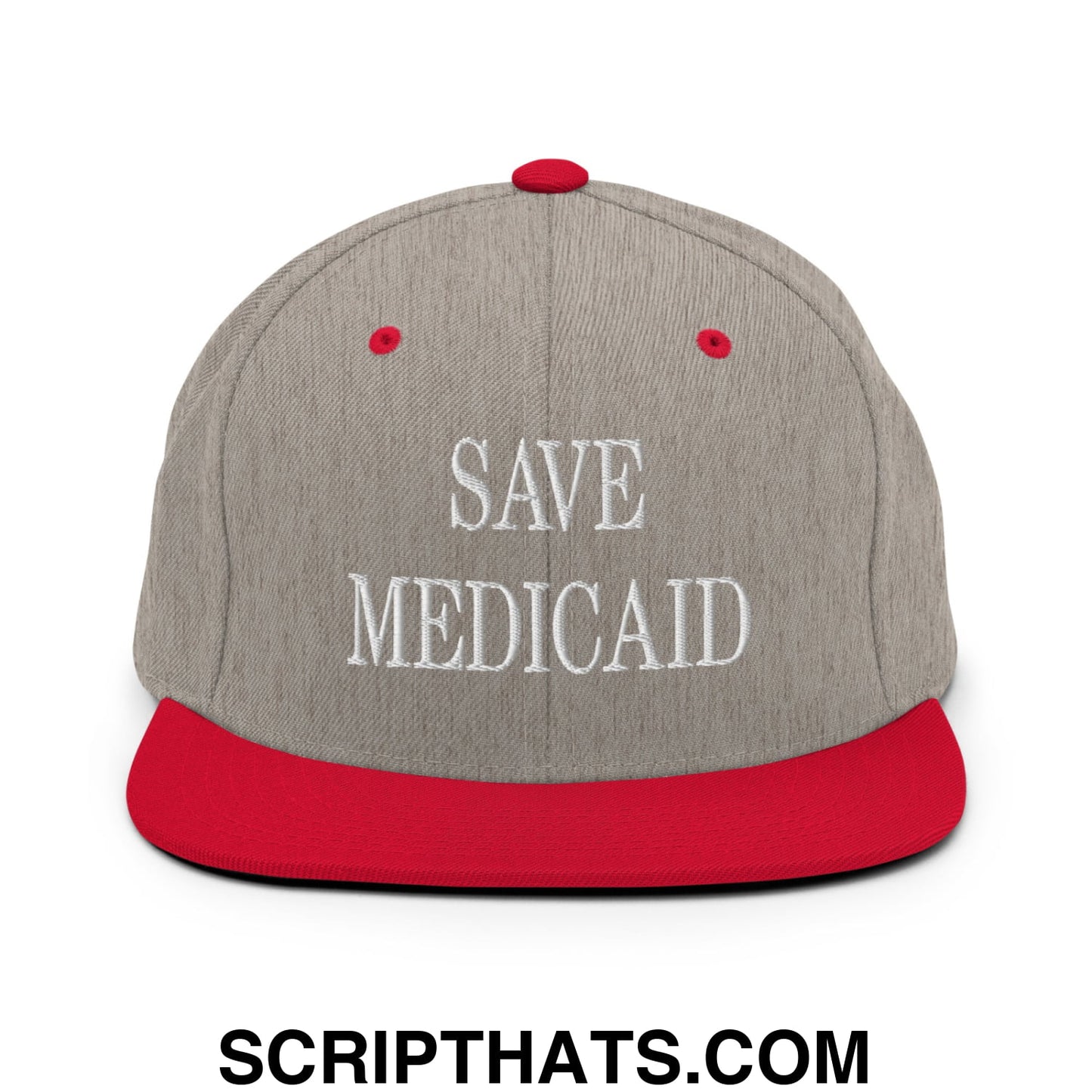 Save Medicaid Embroidered Flat Brim Bill Snapback Hat Heather Grey Red
