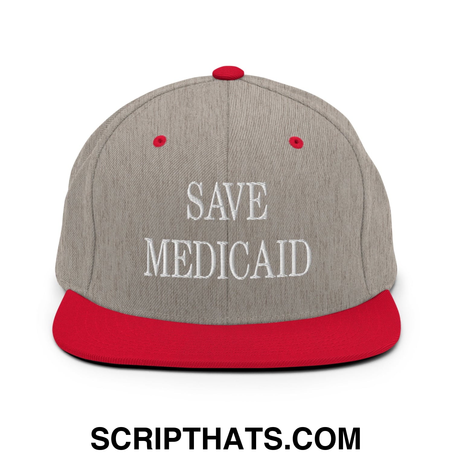 Save Medicaid Embroidered Flat Brim Bill Snapback Hat Heather Grey Red