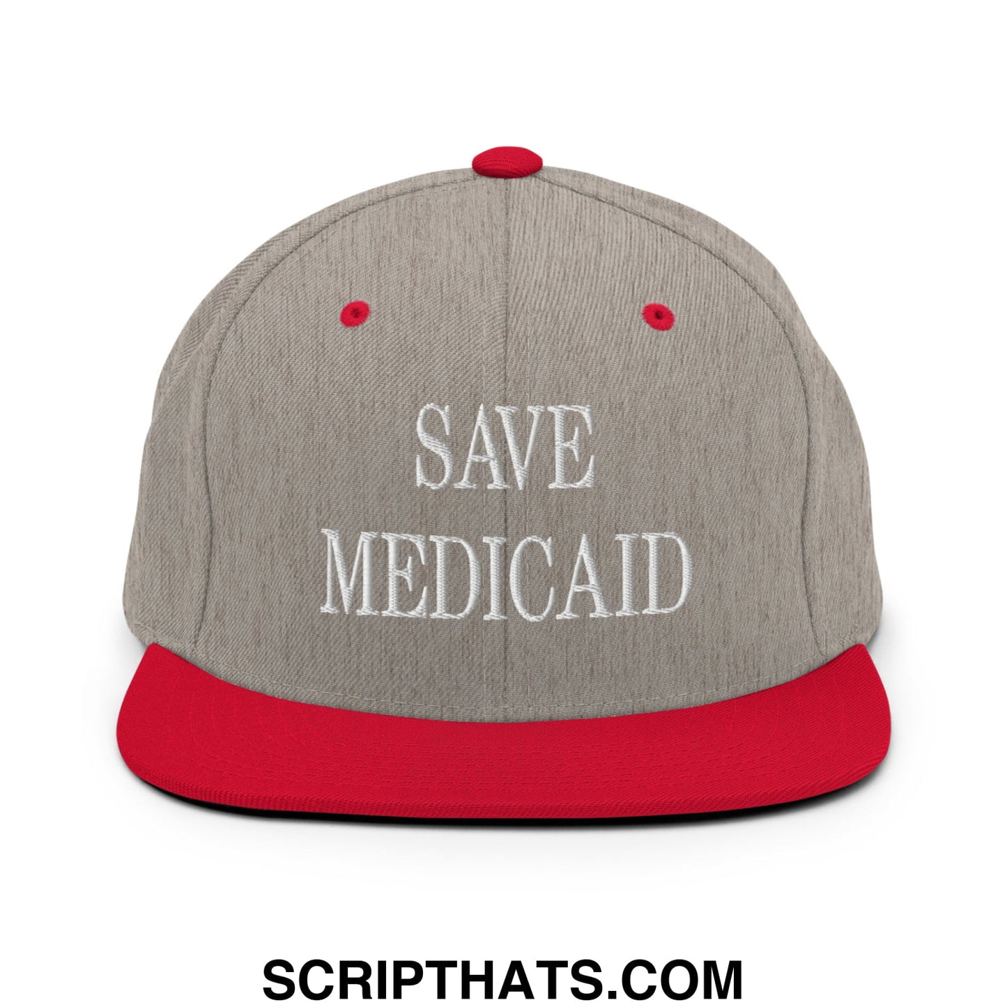 Save Medicaid Embroidered Flat Brim Bill Snapback Hat Heather Grey Red