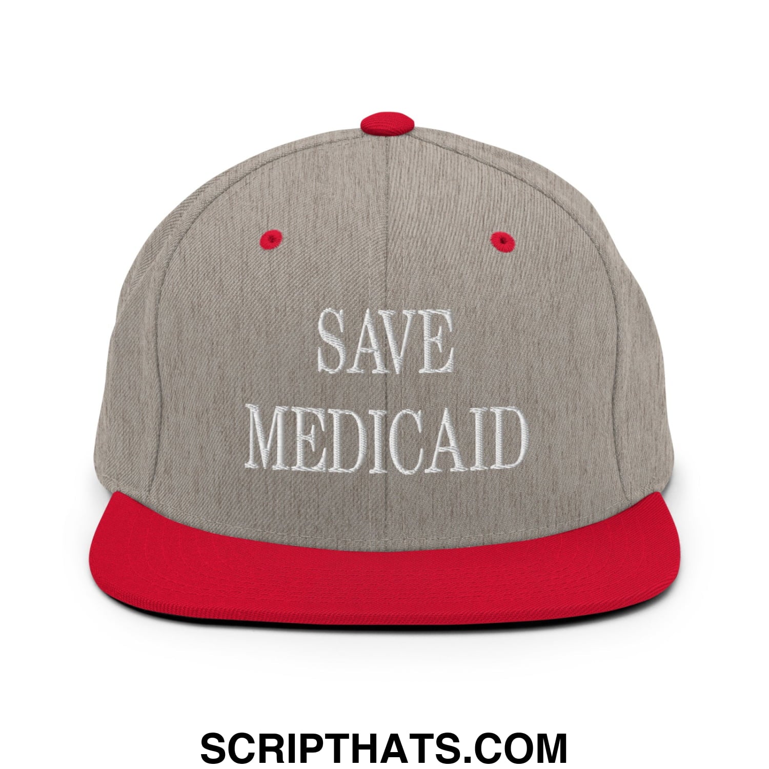 Save Medicaid Embroidered Flat Brim Bill Snapback Hat Heather Grey Red