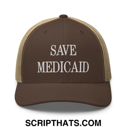 Save Medicaid Embroidered Mesh Trucker Hat Brown Khaki