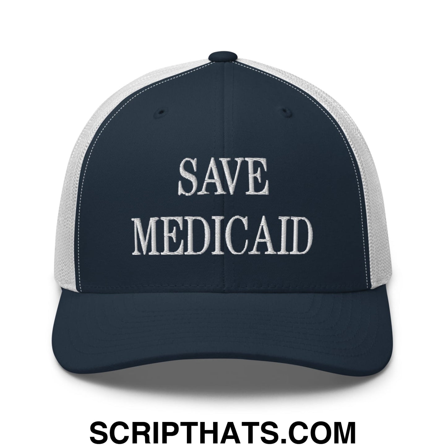 Save Medicaid Embroidered Mesh Trucker Hat Navy White