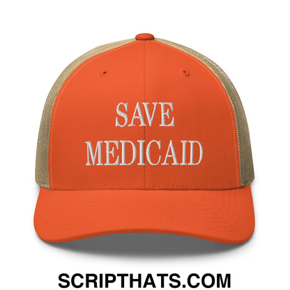 Save Medicaid Embroidered Mesh Trucker Hat Rustic Orange Khaki