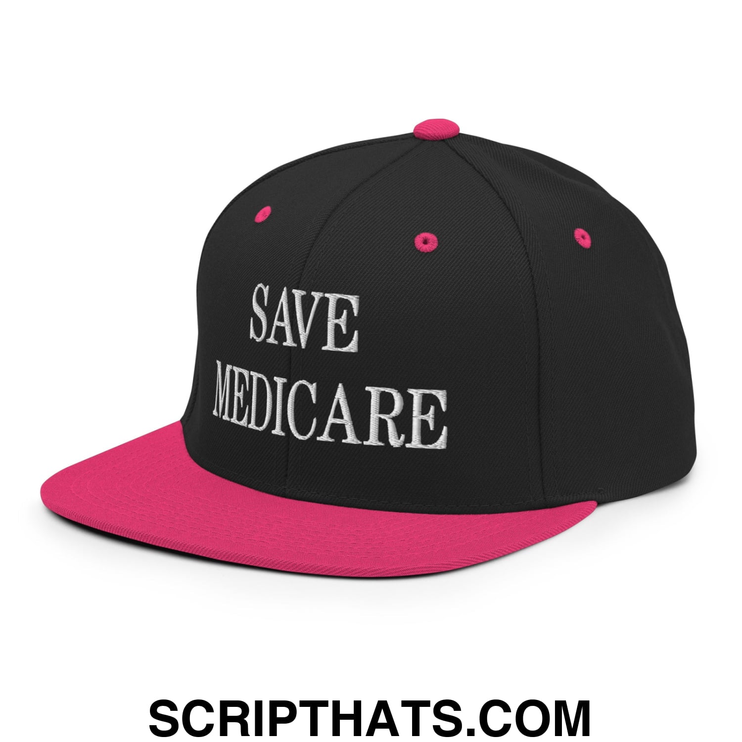 Save Medicare Embroidered Flat Brim Bill Snapback Hat Black Neon Pink