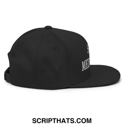Black snapback cap with white embroidered save Medicare text on the side flat brim bill hat